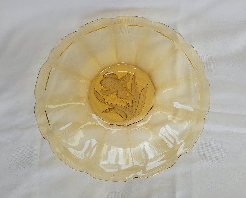 Vintage glazen Art Deco gebaksschaal 29 cm. in amber kleur, Ophalen of Verzenden