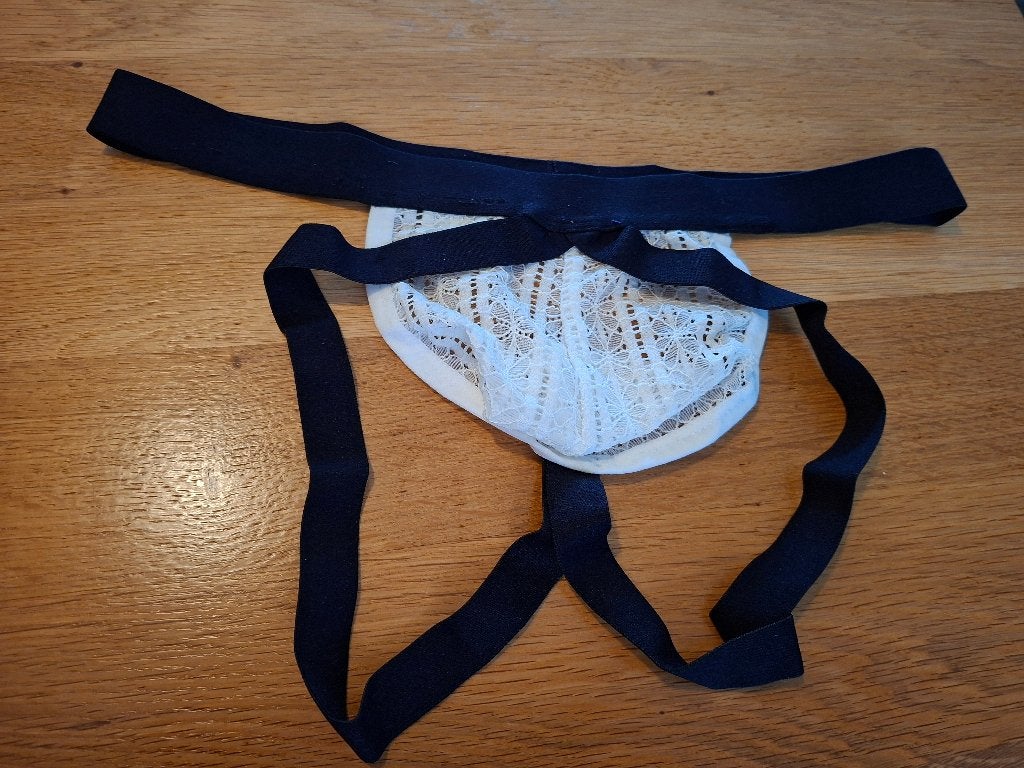 Witte kanten jockstrap met zwarte banden maat L, Kleding | Heren, Ophalen of Verzenden, Wit, Onbekend, Overige typen