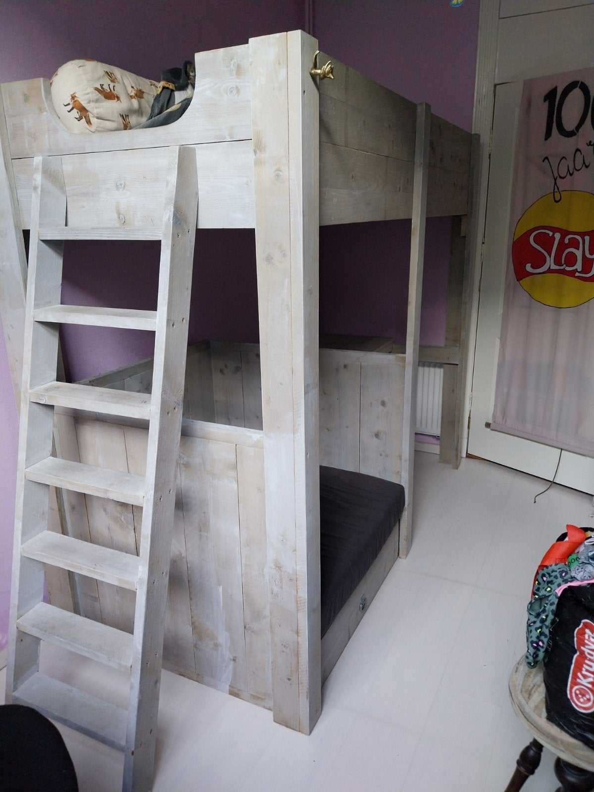Steigerhoutem Hoogslaper met bureau en zithoek, Ophalen, Eenpersoons, Zo goed als nieuw, 90 cm