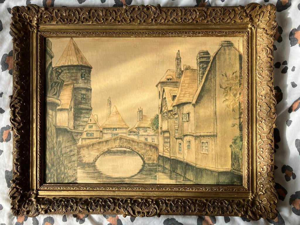 Antiek schilderij van Brugge, gesigneerd, in sierlijke lijst, Antiek en Kunst, Ophalen