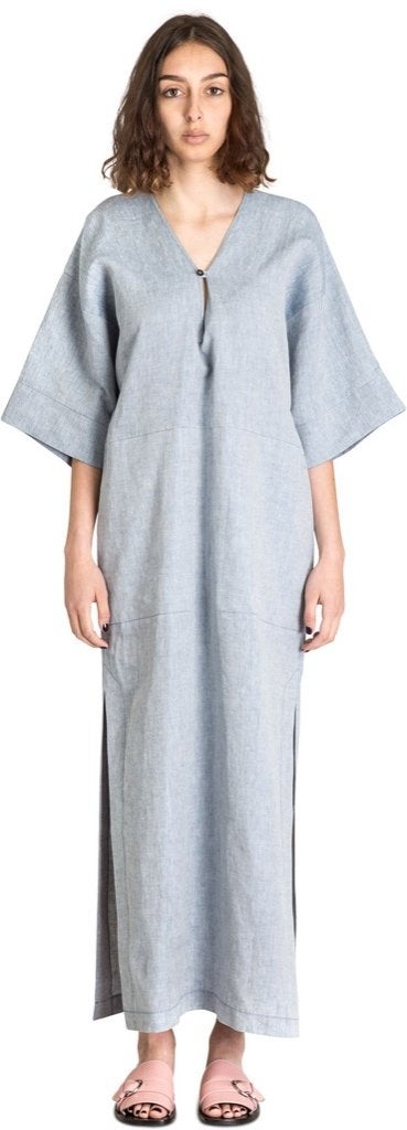 FRENKEN maxi linnen jurk, kimono stijl, lichtblauw 36/38 NL, Maat 38/40 (M), Zo goed als nieuw, FRENKEN, Onder de knie