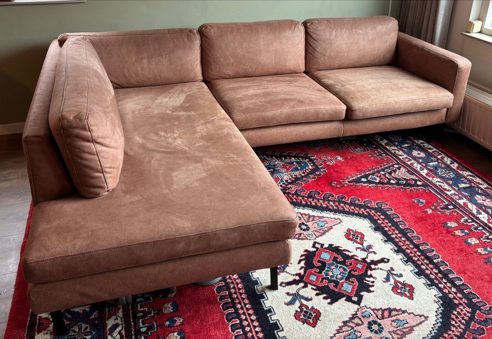 Comfortabele hoekbank cognac ecoleder + losse hocker, Ophalen, 250 tot 300 cm, Gebruikt, 100 tot 125 cm