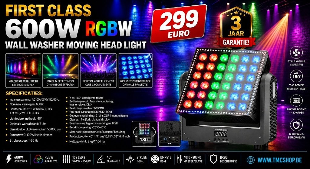 Nieuwe First Class 600W Wall Washer Light RGBW Moving Head, Ophalen of Verzenden, Nieuw, Complete set