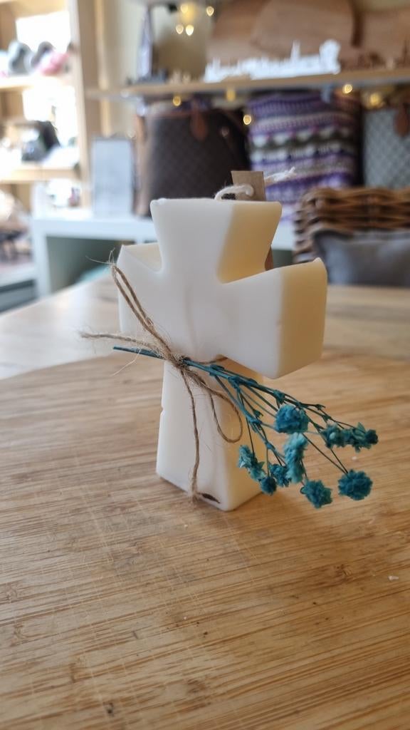 Paraffinevrije Kruiskaars met Droogbloemen - Handgemaakt, Huis en Inrichting, Lampen | Overige, Nieuw, Ophalen of Verzenden