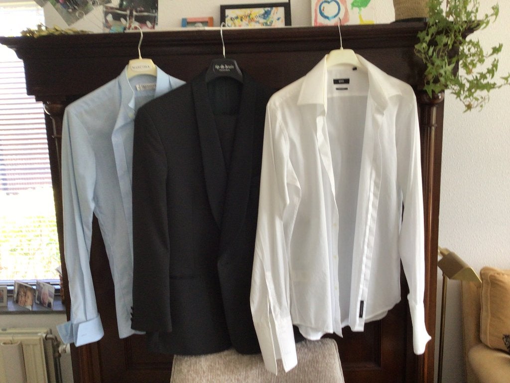 Heren smoking, maat l, pantalonlengte 109cm 2 x gedragen, Ophalen, Zo goed als nieuw, Maat 52/54 (L), Zwart
