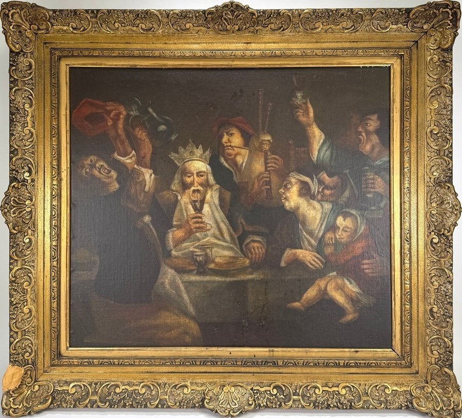 303. Schilderij naar Jacob Jordaens - "De koning drinkt", Antiek en Kunst, Ophalen, Olieverf, Figuren