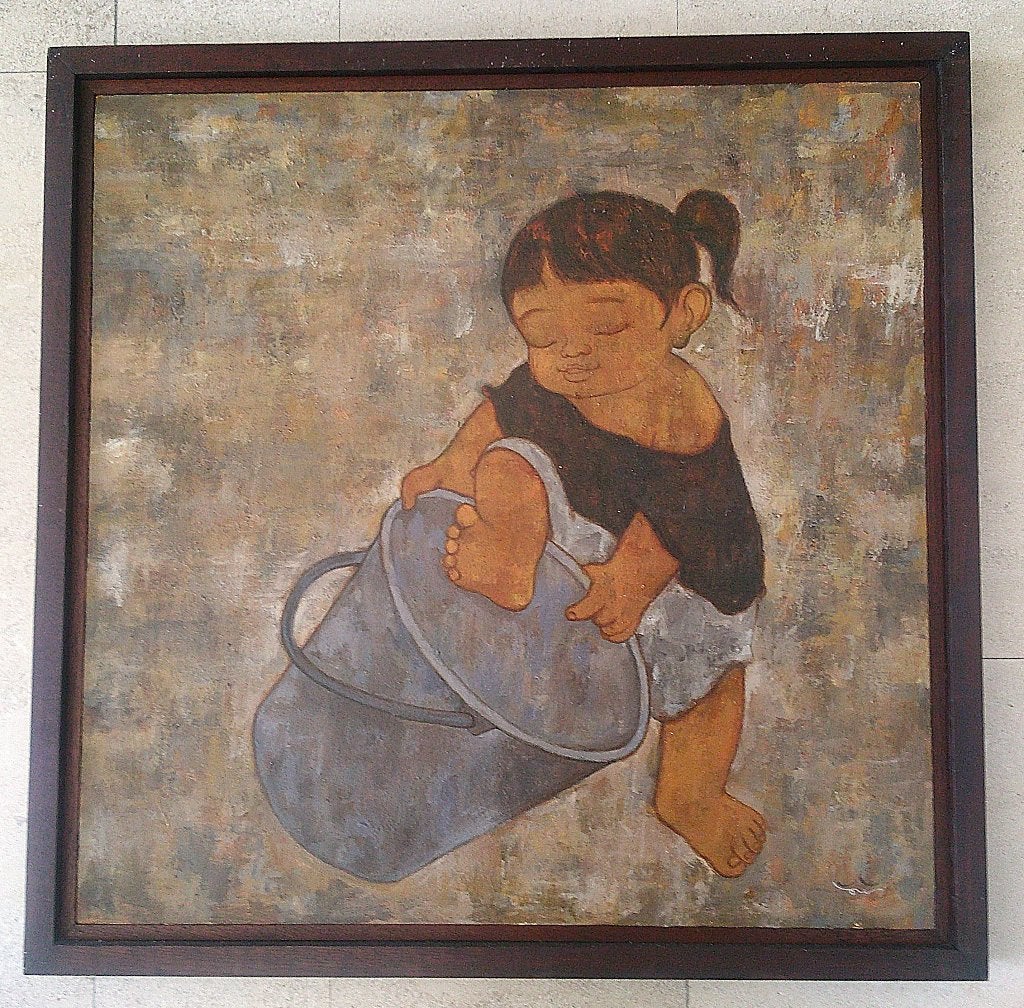 Indiaas meisje met Emmer ca.1980 - met krabbeltje, Doek, Portret of Personen, Impressionistisch, Ophalen of Verzenden