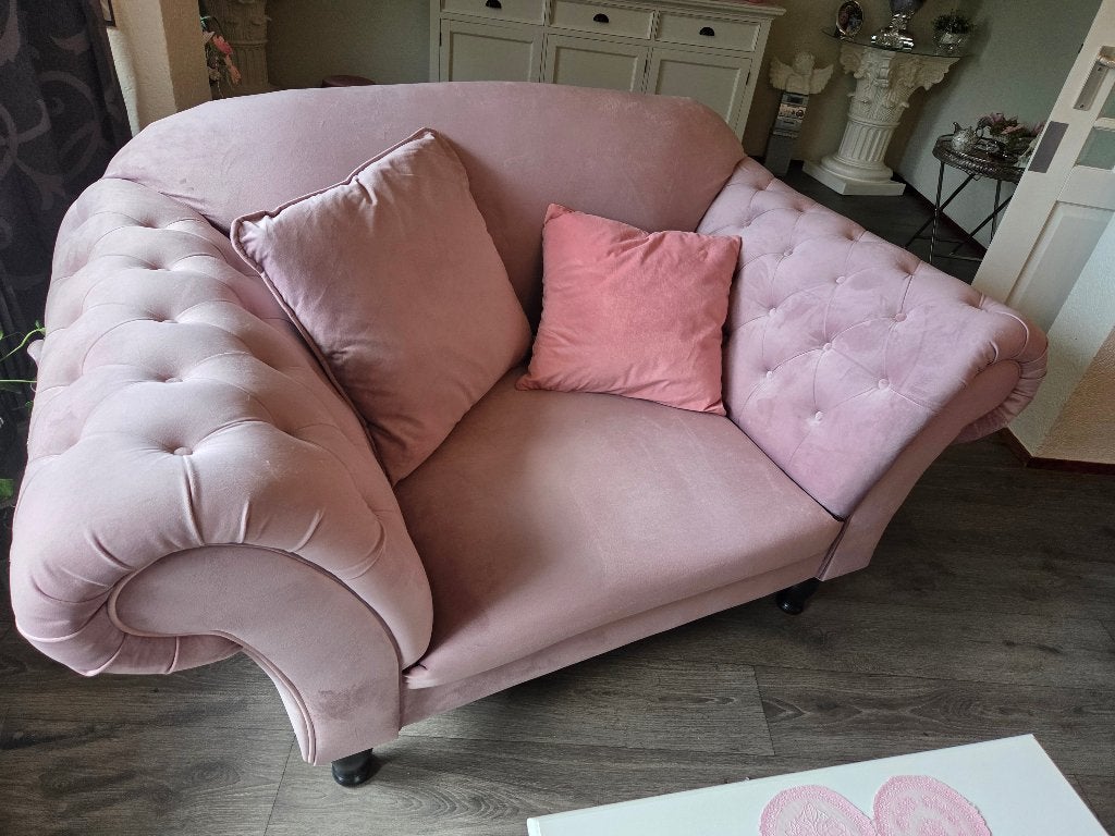 Bankstel en loveseat, chesterfield stijl, oud roze., Ophalen, Chesterfield, Driepersoons, 75 tot 100 cm