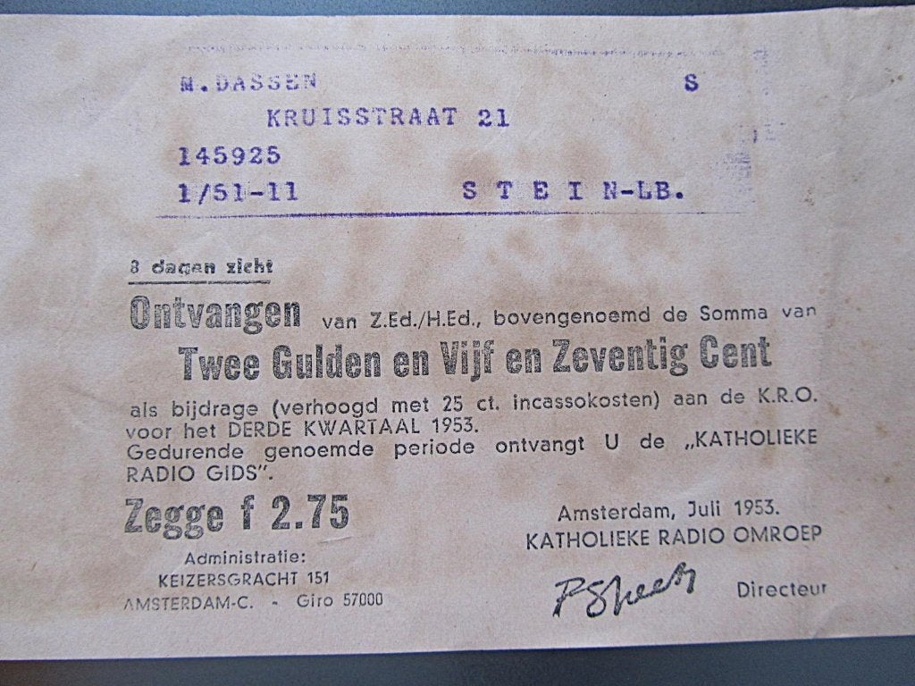 kwitantie KRO GIDS 1953, Ophalen of Verzenden, Gebruikt