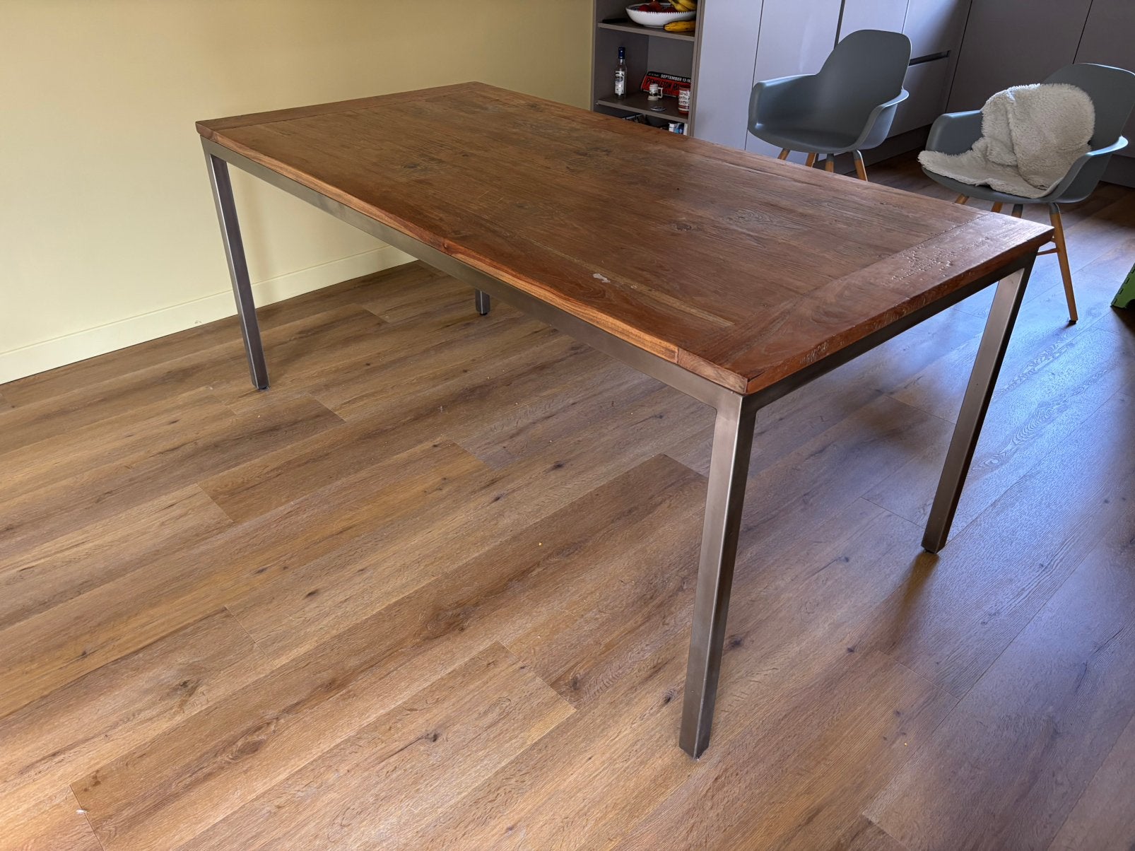 Eettafel mangohout rvs onderstel 180 x 90 (evt met stoelen), Gebruikt, 50 tot 100 cm, 150 tot 200 cm, Vier personen