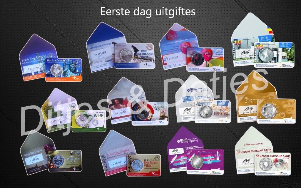 Complete verzameling eerste dag uitgifte Vijfje (34 stuks), Ophalen of Verzenden, Nederland, Munten