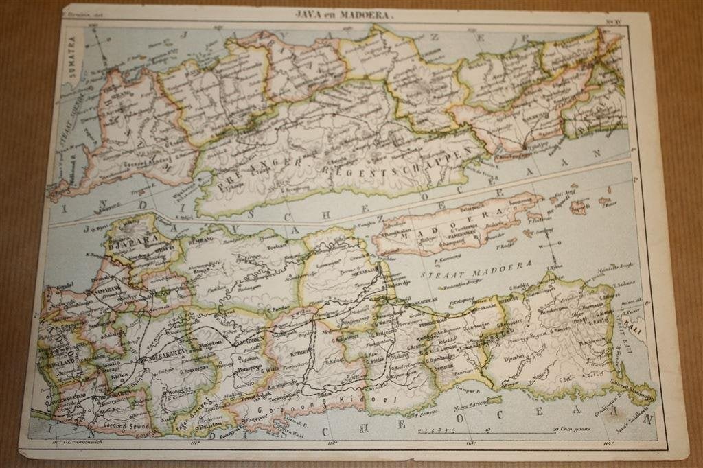 Antieke kaart - Java en Madoera -, Boeken, Atlassen en Landkaarten, Gelezen, Ophalen of Verzenden, Landkaart, 1800 tot 2000