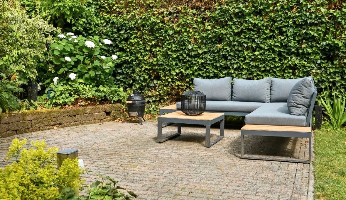 Moderne loungeset met salontafel, Tuin en Terras, Tuinsets en Loungesets, Ophalen, 4 zitplaatsen, Aluminium, Zo goed als nieuw