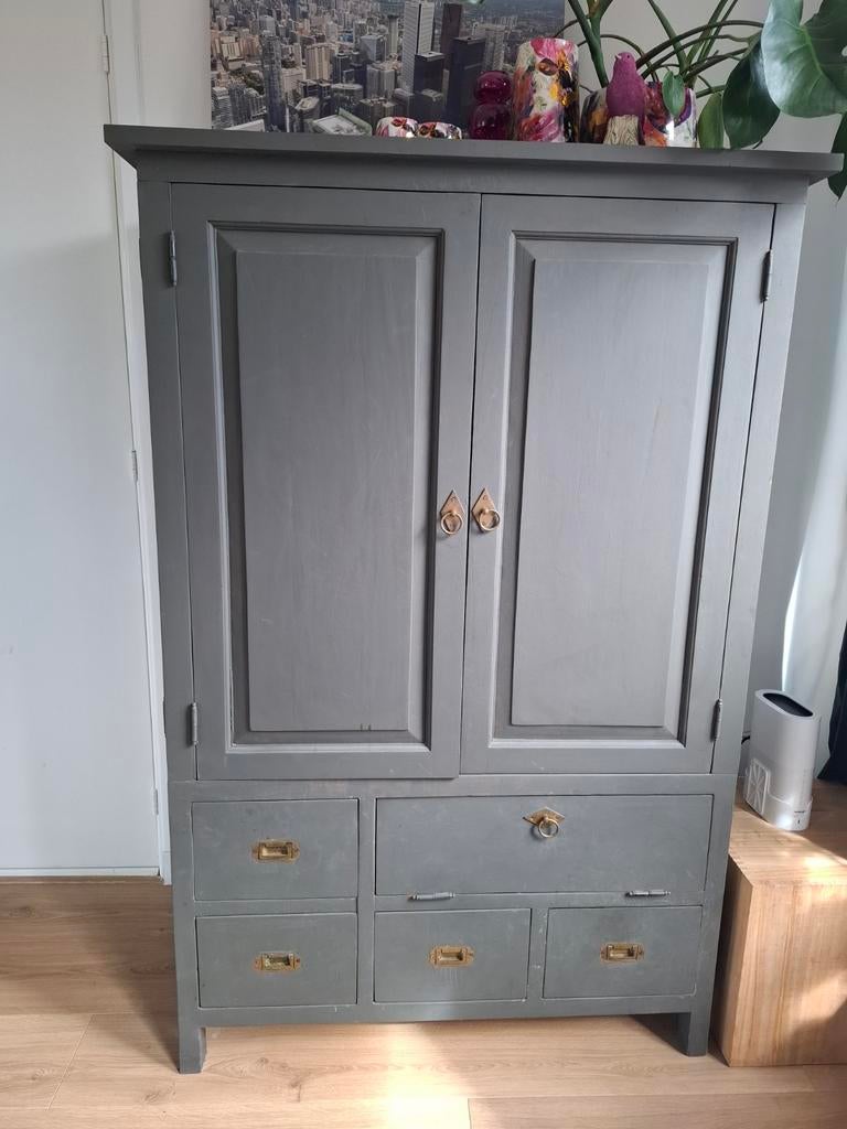 Teak houten tv kast, overgeschilderd in antraciet, Gebruikt, 100 tot 150 cm, Ophalen of Verzenden, Minder dan 100 cm