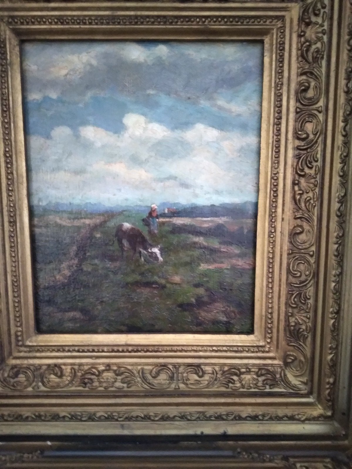 Boerin in landschap., Ophalen of Verzenden