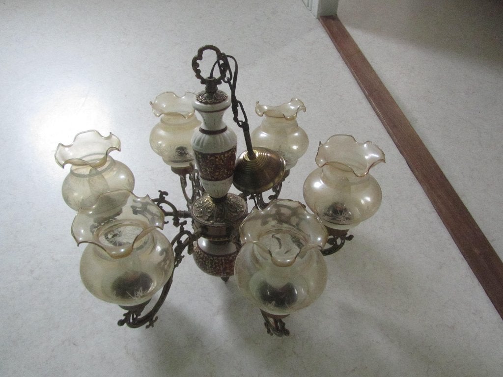 Antieke Kroonluchter(koper) met 6 Glazen Kelkjes, Ophalen