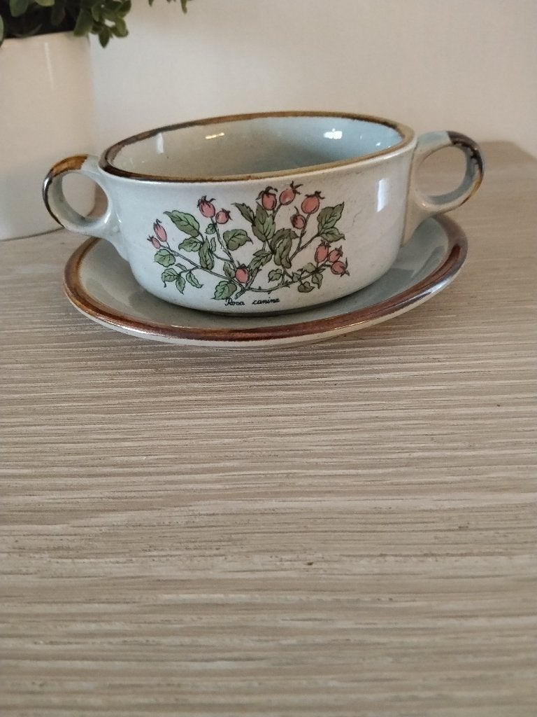 vintage soep mok met bordje wild flowers, Ophalen of Verzenden, Zo goed als nieuw, Overige stijlen, Kop(pen) en/of Schotel(s)