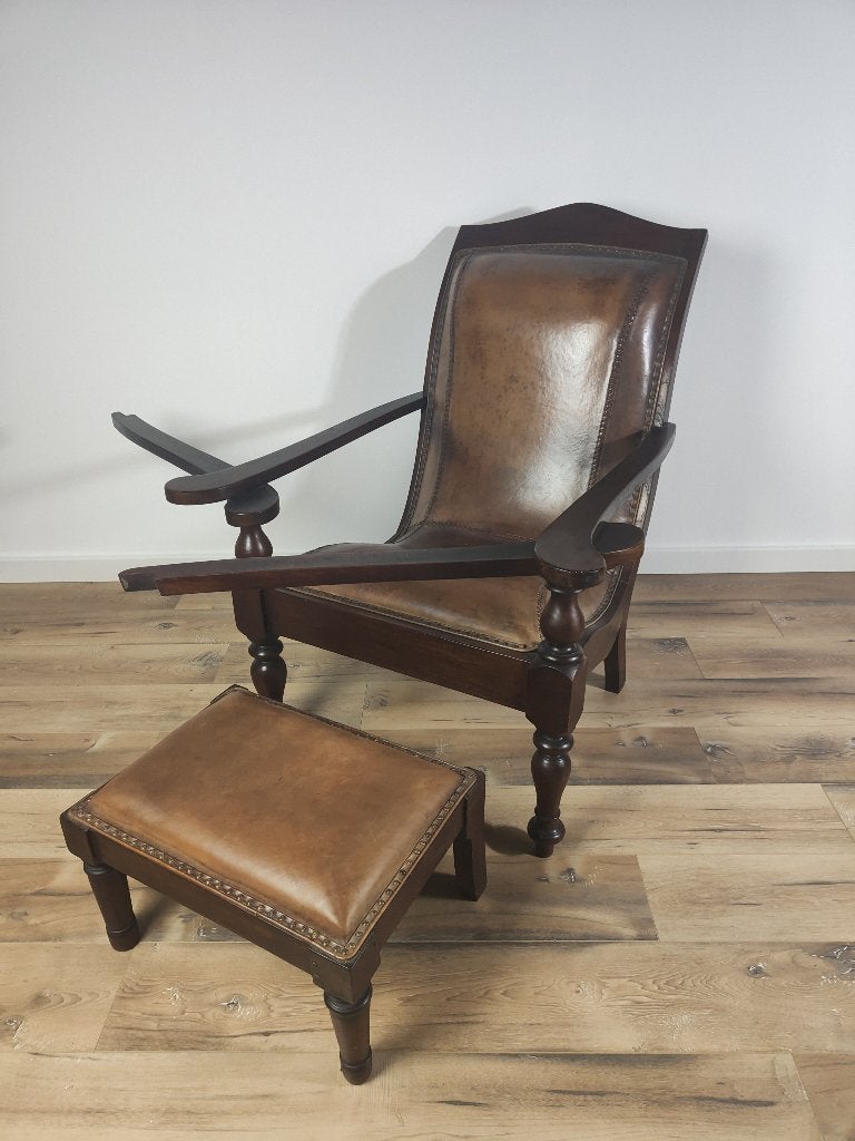 prachtige vintage lederen fauteuil poef, Ophalen of Verzenden