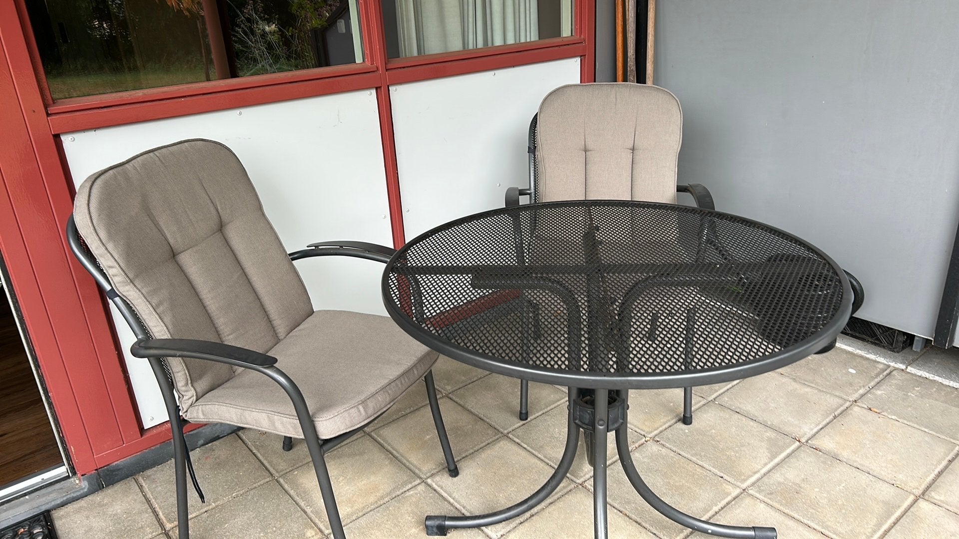 Tuinset tafel diameter 90 cm en 4 stoelen inclusief kussens, Tuin en Terras, Ophalen, 4 zitplaatsen, Gebruikt, Aluminium