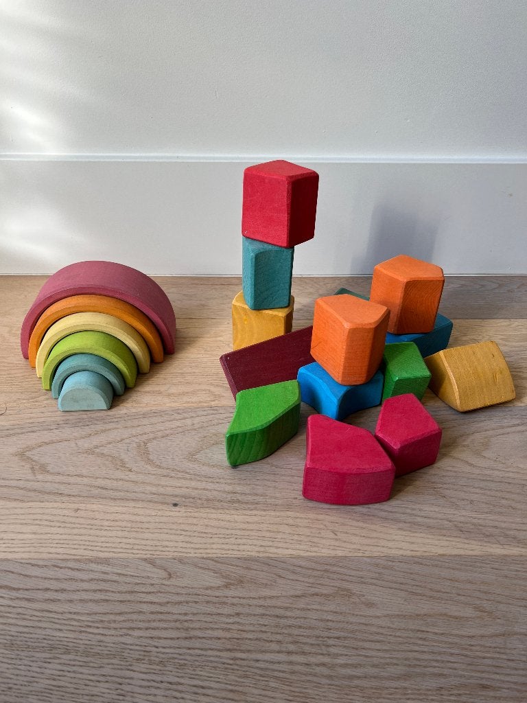 GRIMM'S Waldorf blokken + kleine regenboog houten speelgoed, Ophalen of Verzenden, Zo goed als nieuw, Overige typen