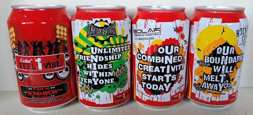 Coca-Cola Blikkenset uit NL Coke FEEL 1 VIBE 2005 4 st., Ophalen of Verzenden, Gebruikt, Verpakking
