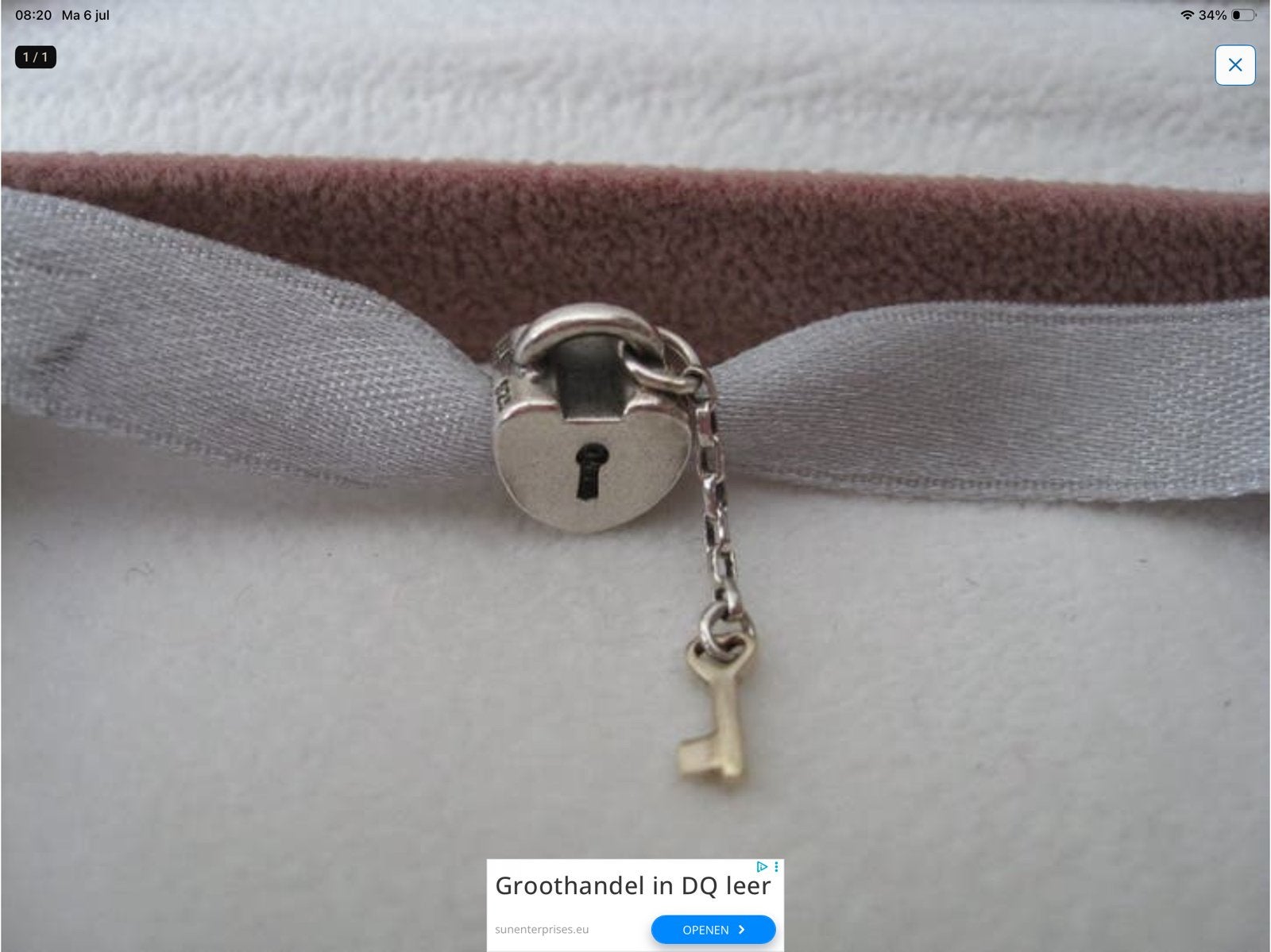 Pandora Bedel  Hartje Met Gouden sleutel, Sieraden, Tassen en Uiterlijk, Bedels, Verzenden, Zo goed als nieuw, Zilver, Pandora