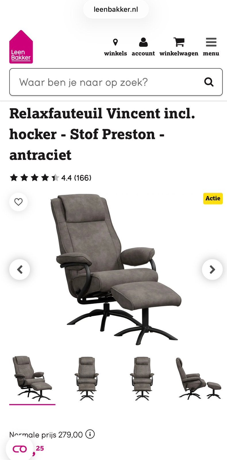 Relaxfauteuil Vincent (Leen Bakker) incl. hocker, Huis en Inrichting, Fauteuils, Ophalen, Zo goed als nieuw