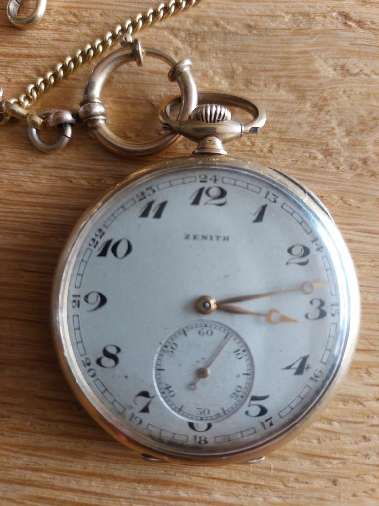 Antiek zenith 14k zakhorloge, Zakhorloge, 1900 tot 1930, Met ketting, Goud
