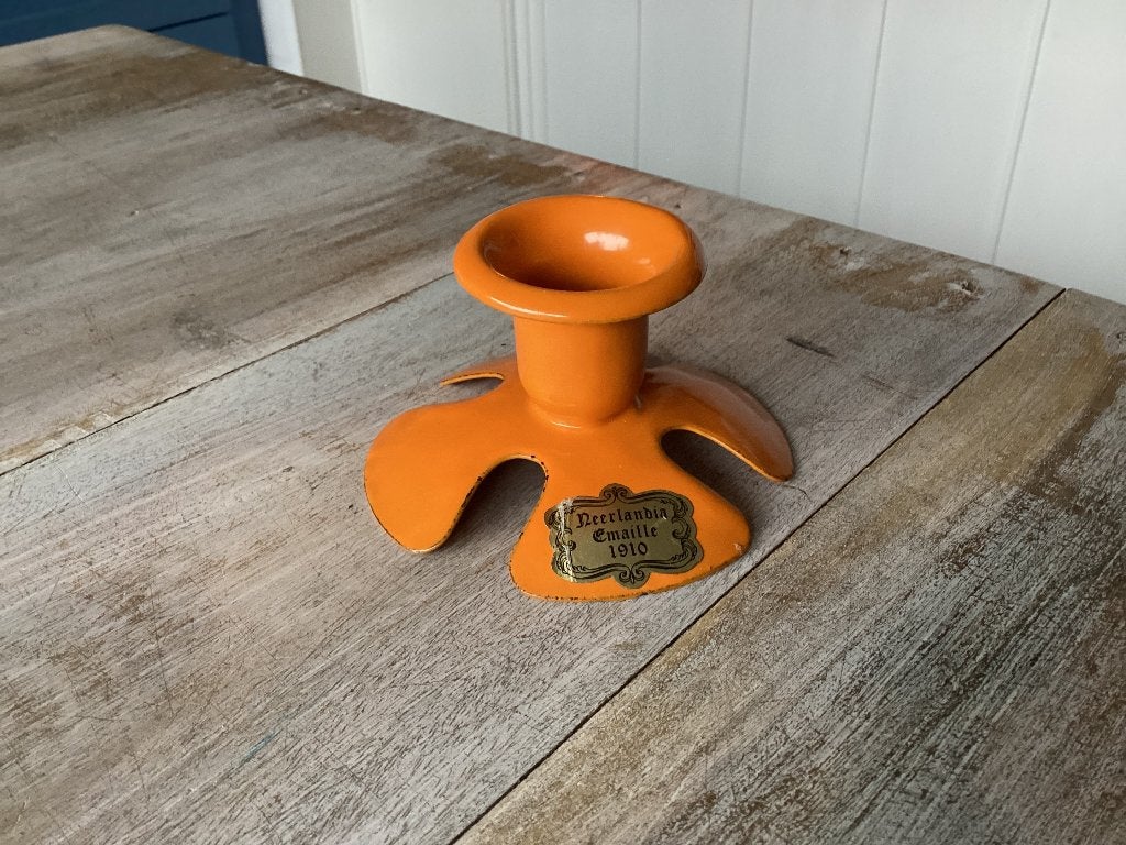 Prachtige oranje geëmailleerde kaarsenhouder, Ophalen of Verzenden