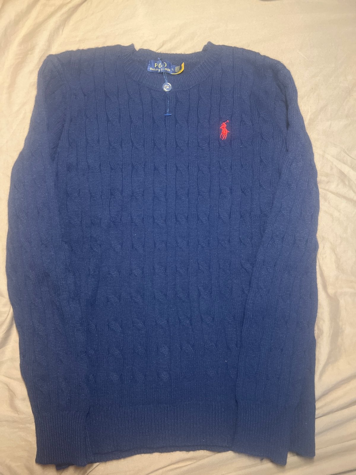 Polo Ralph Lauren kabelgebreide trui - Maat L, Kleding | Dames, Ophalen of Verzenden, Zo goed als nieuw, Maat 42/44 (L), Blauw
