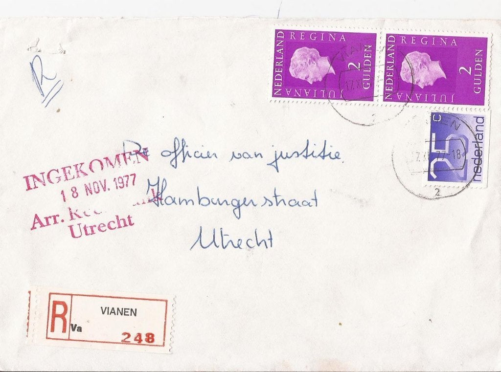 VIANEN 1977 aangetekende envelop Van Kesteren De Bogerd 39, Verzamelen, Ophalen of Verzenden, 1960 tot 1980, Gelopen, Utrecht