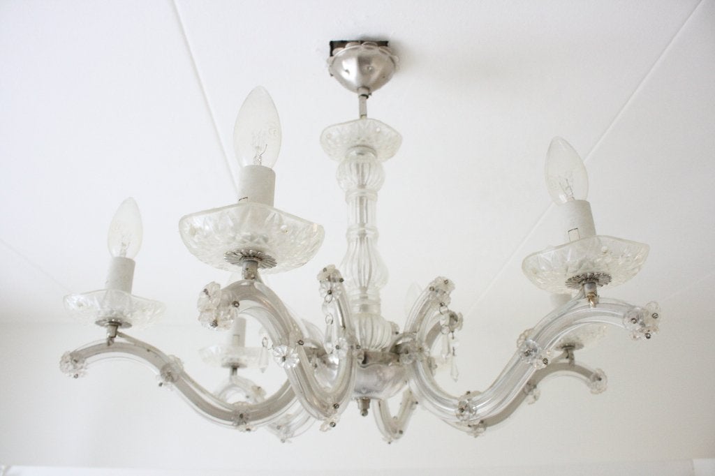 Vintage zesarmige kroonluchter, Ophalen of Verzenden, Gebruikt, Glas