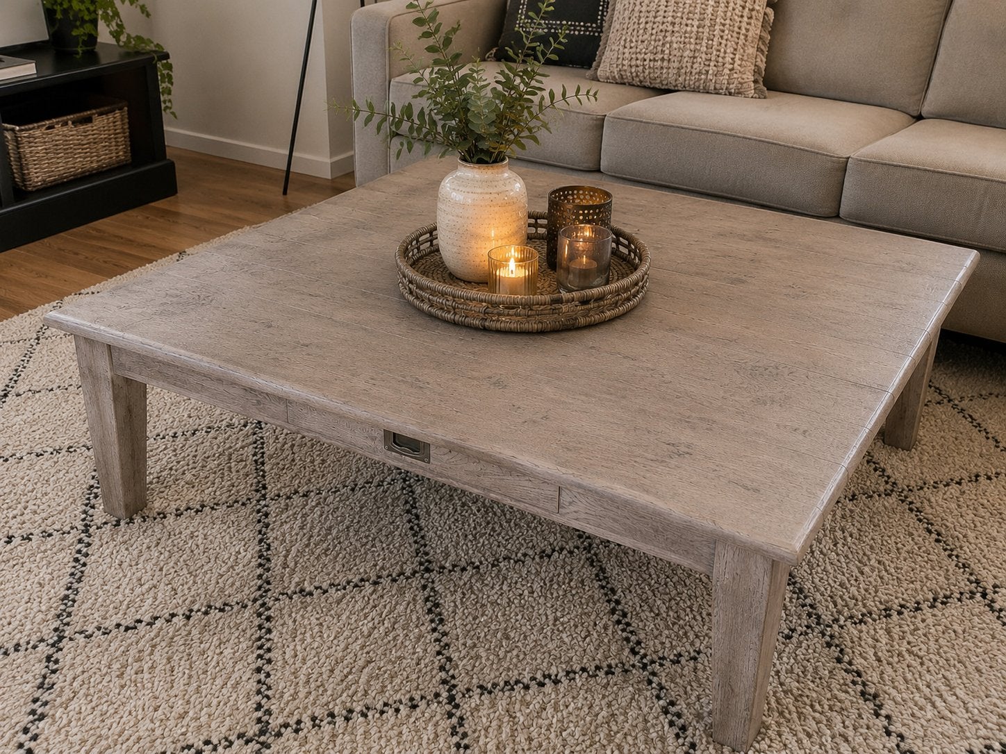 Salontafel 110x110 cm met lade - Licht eiken/grijs, Ophalen, 100 tot 150 cm, Zo goed als nieuw, Eikenhout