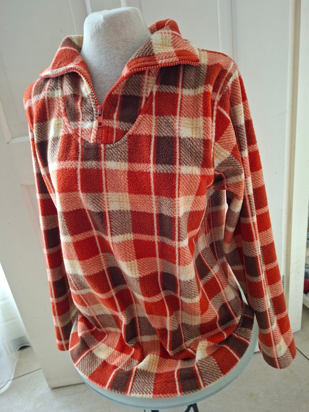 Geruite fleece trui met rits vintage  - Oranje, bruin, beige, Maat 38/40 (M), Oranje, Ophalen of Verzenden, Onbekend