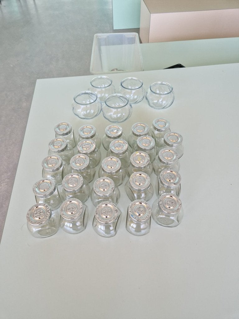 25 glazen potjes, Ophalen of Verzenden, Zo goed als nieuw, Glas, Pot, Bus of Blik