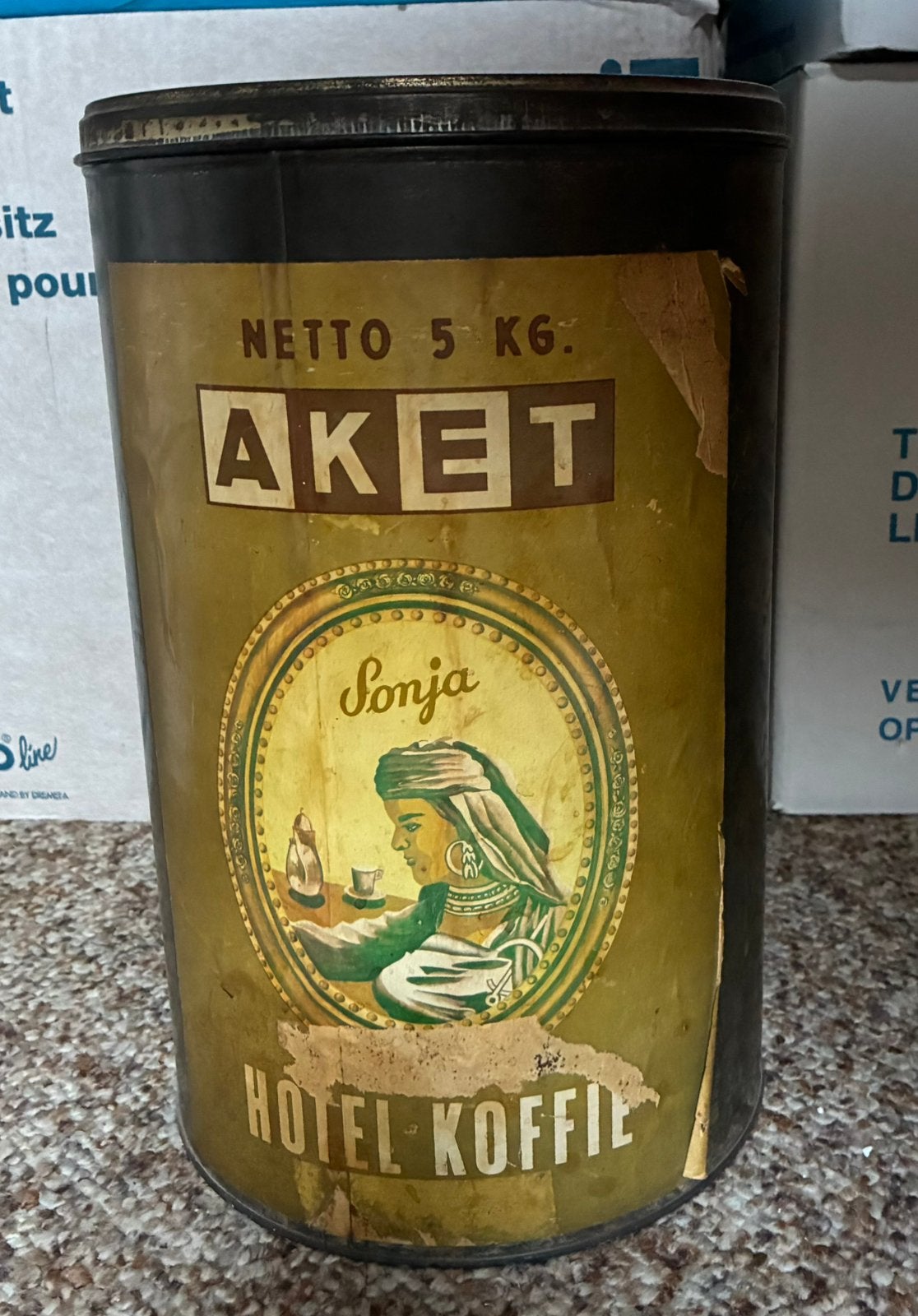 Oud blik voor koffie Aket Sonja, Verzamelen, Ophalen of Verzenden, Gebruikt, Koffie, Overige merken