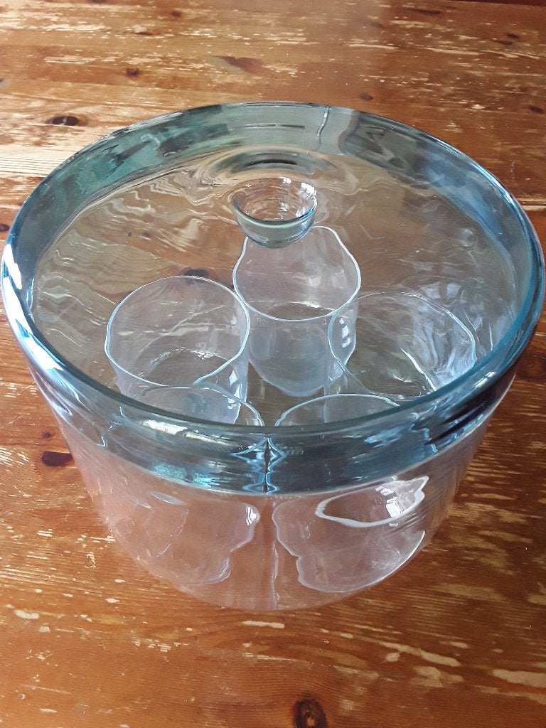 Floris meydam, glas, bowlset met 5 glazen, blauw deksel,, Ophalen of Verzenden