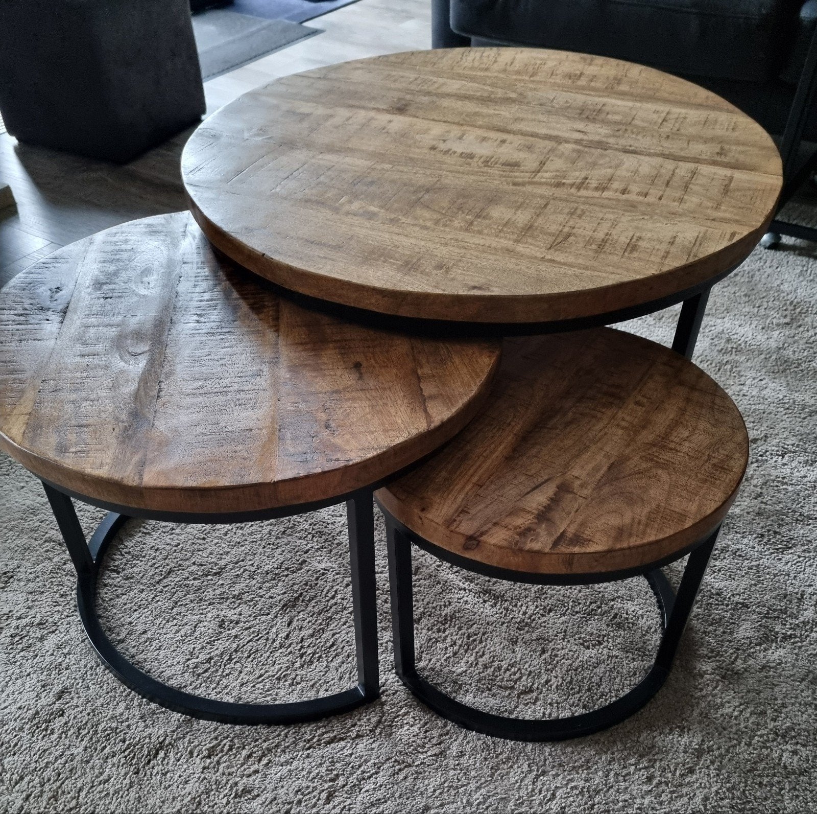 Salontafel set van 3 - Mangohout en metaal, Ophalen, Minder dan 45 cm, Rond, Industrieel, Modern