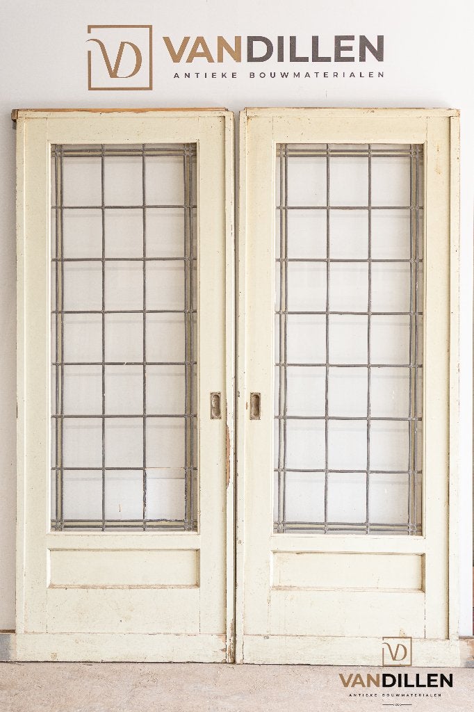 Antieke ensuite schuifdeuren met glas in lood kleur rand, 120 cm of meer, Binnendeur, Ophalen of Verzenden, Zo goed als nieuw