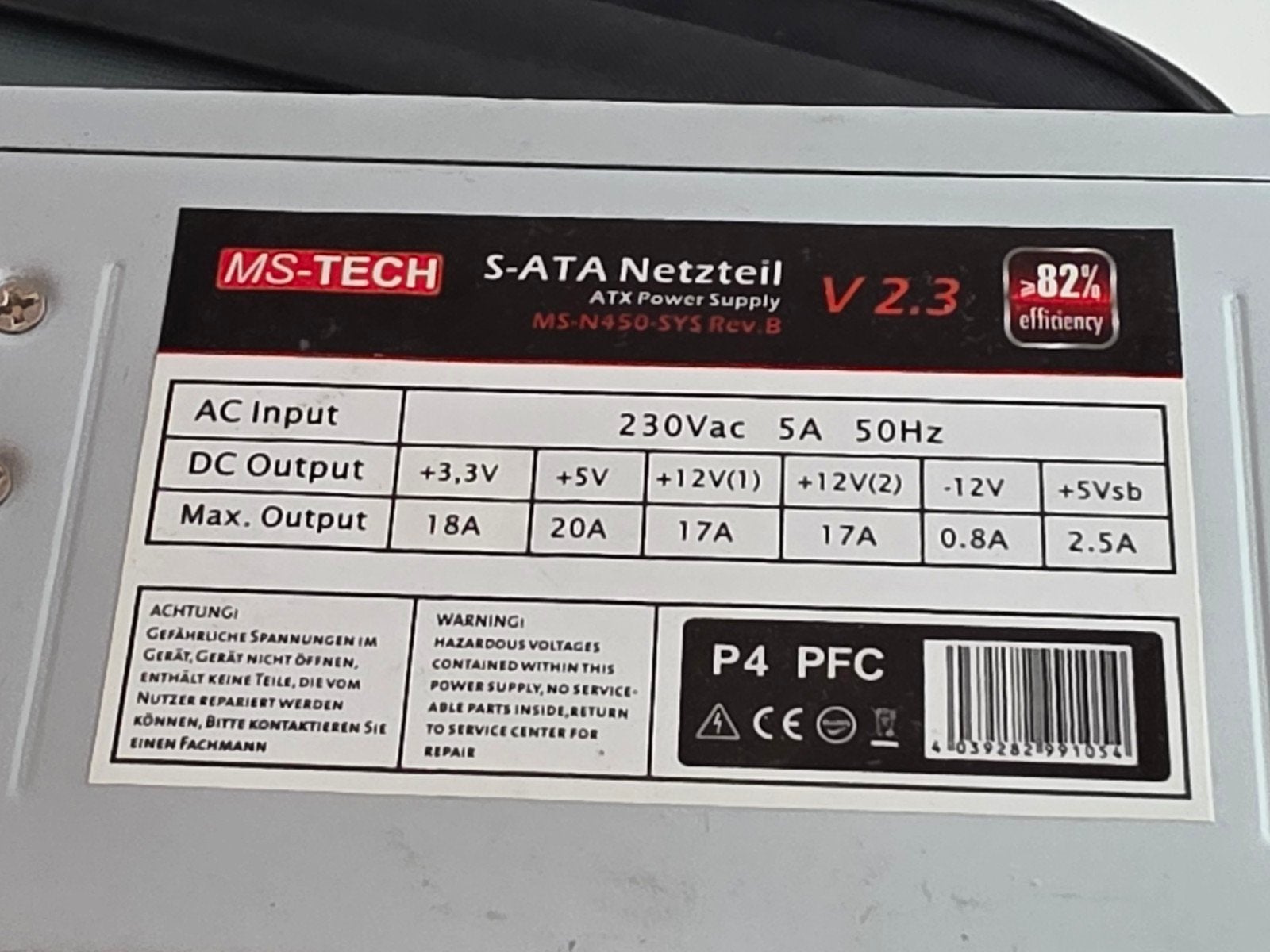 Ms-tech 450w max voeding psu power supply ms-n450-sys rev. b, Gebruikt, ., Ophalen of Verzenden, .