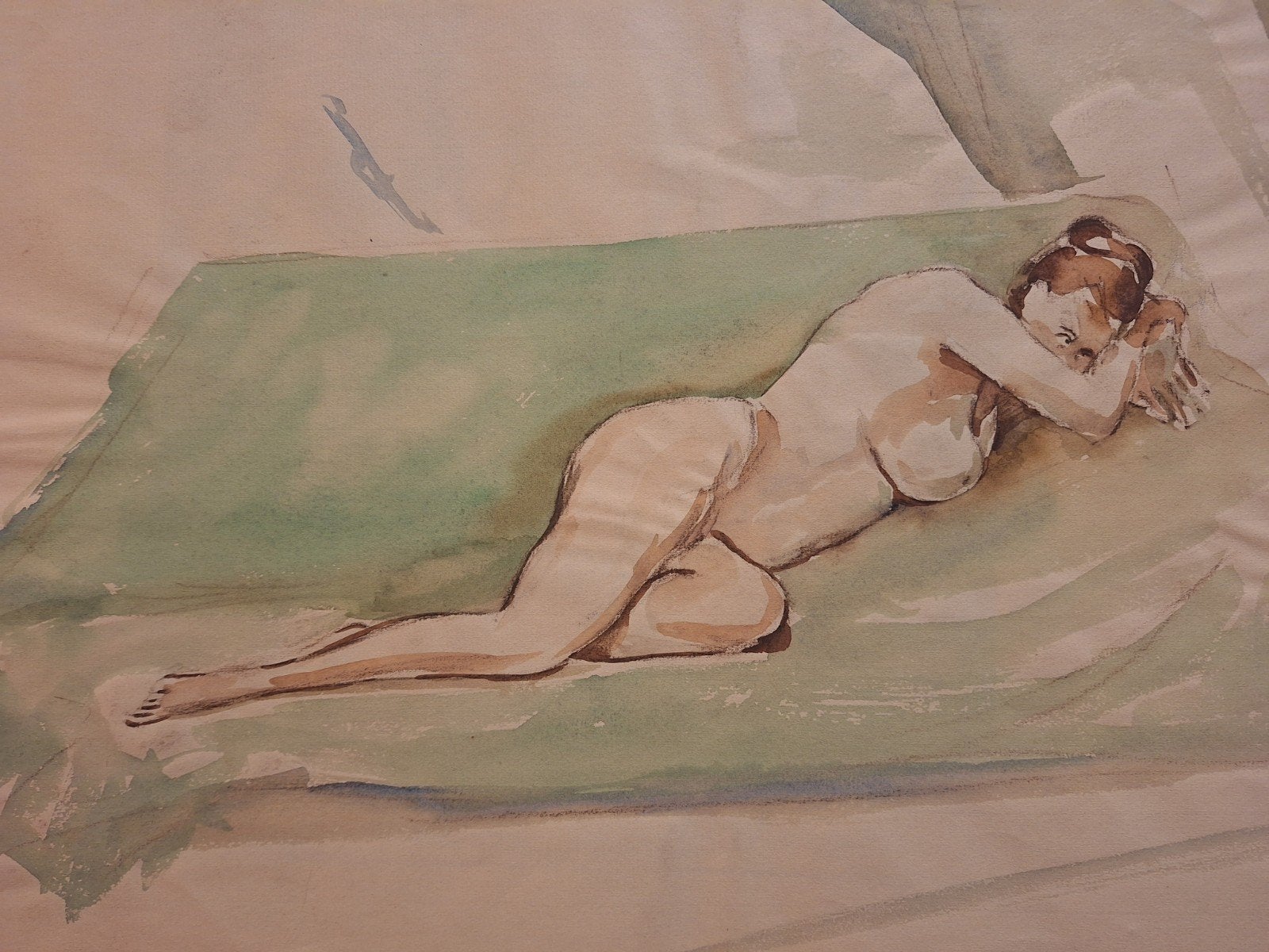 Aquarel Liggend Naakt door Van Ree, Ophalen of Verzenden, Tekening, Aquarel, Gesigneerd