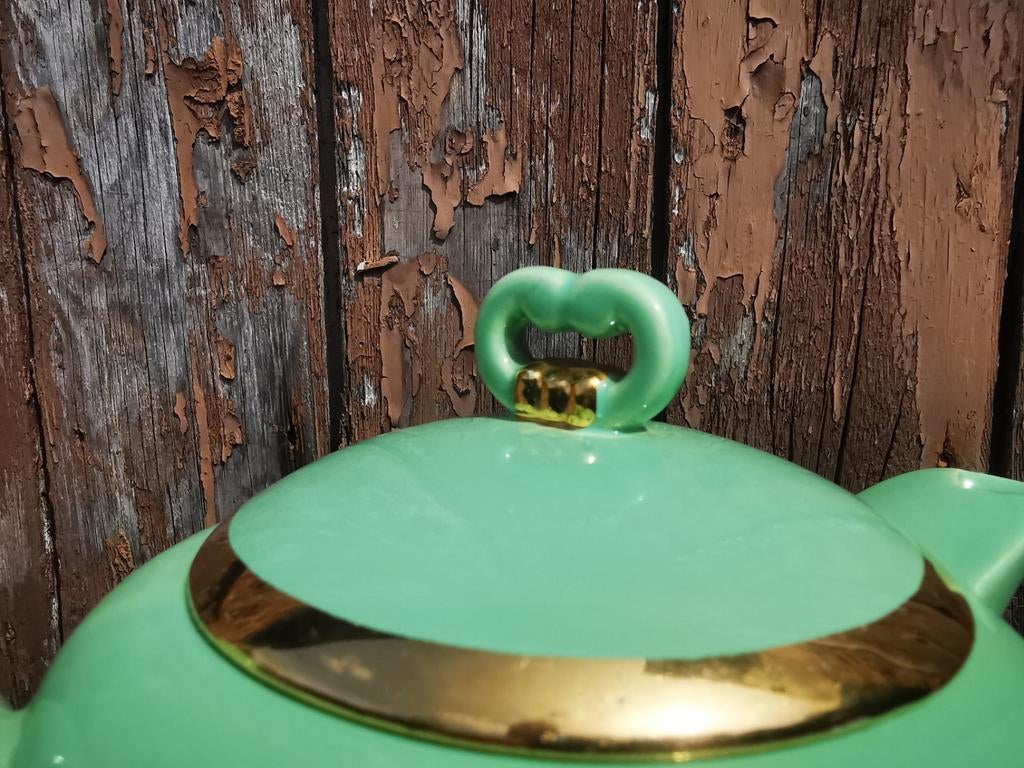 Vintage Koffiepot suiker en melk set mooi groen goud Miekje, Ophalen of Verzenden