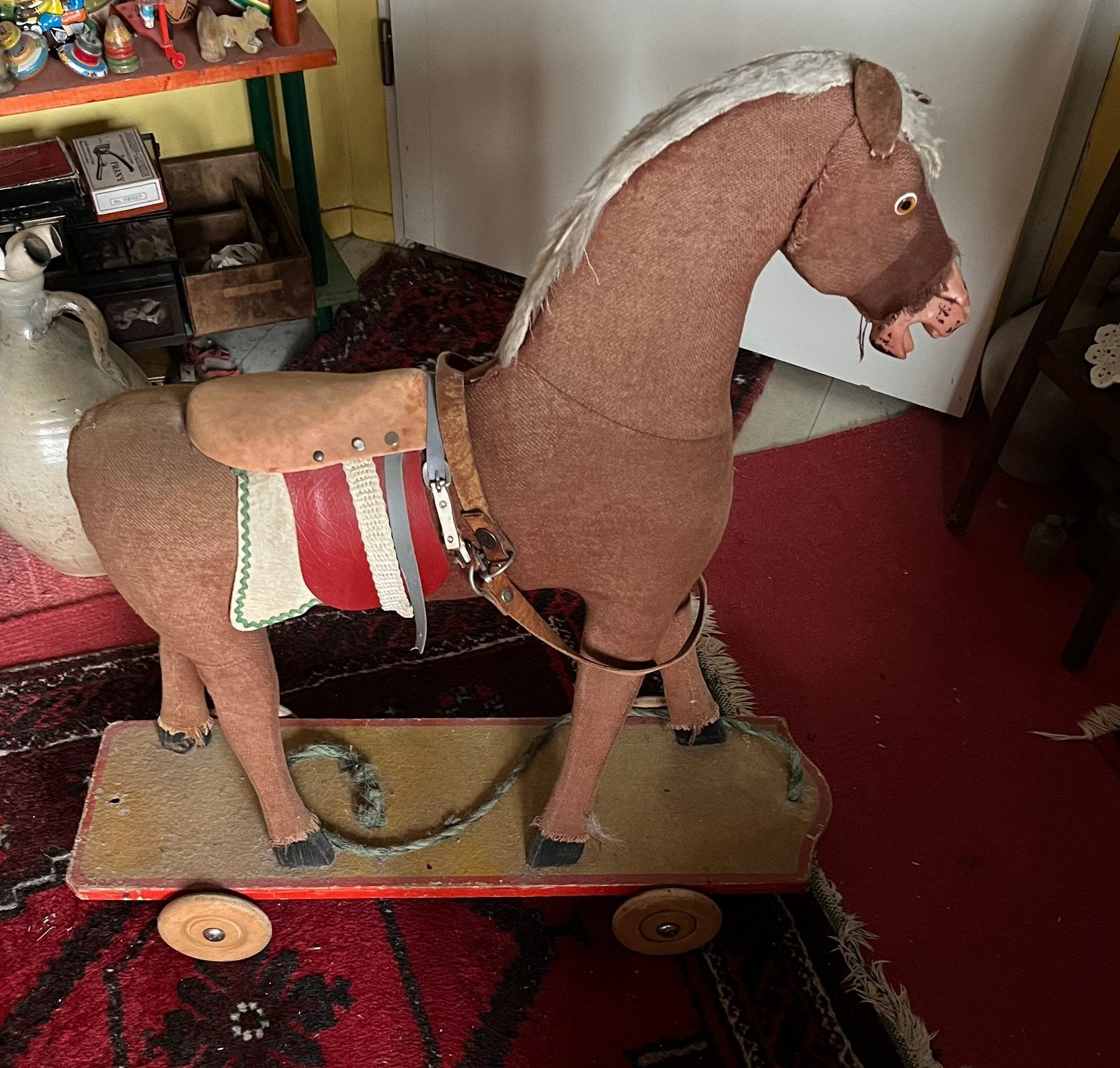 Grote Antieke Paard op Houten Plank met Wielen, Antiek en Kunst, Ophalen