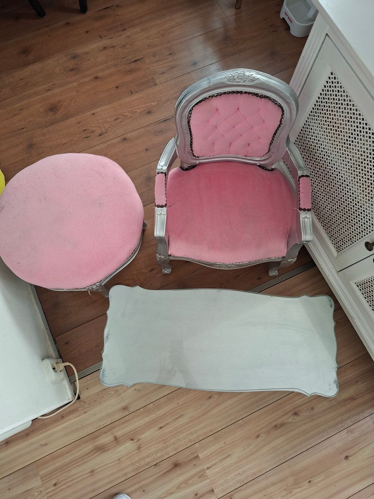 Barok kinderstoel, poef en salontafel set - Roze/Zilver, Ophalen, Gebruikt, Overige kleuren, Barok, Klassiek