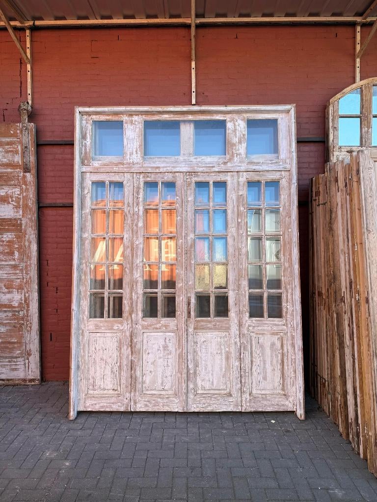 Antieke 4-slag oranjerie deuren met bovenlicht en patina, Ophalen of Verzenden, Gebruikt, Hout
