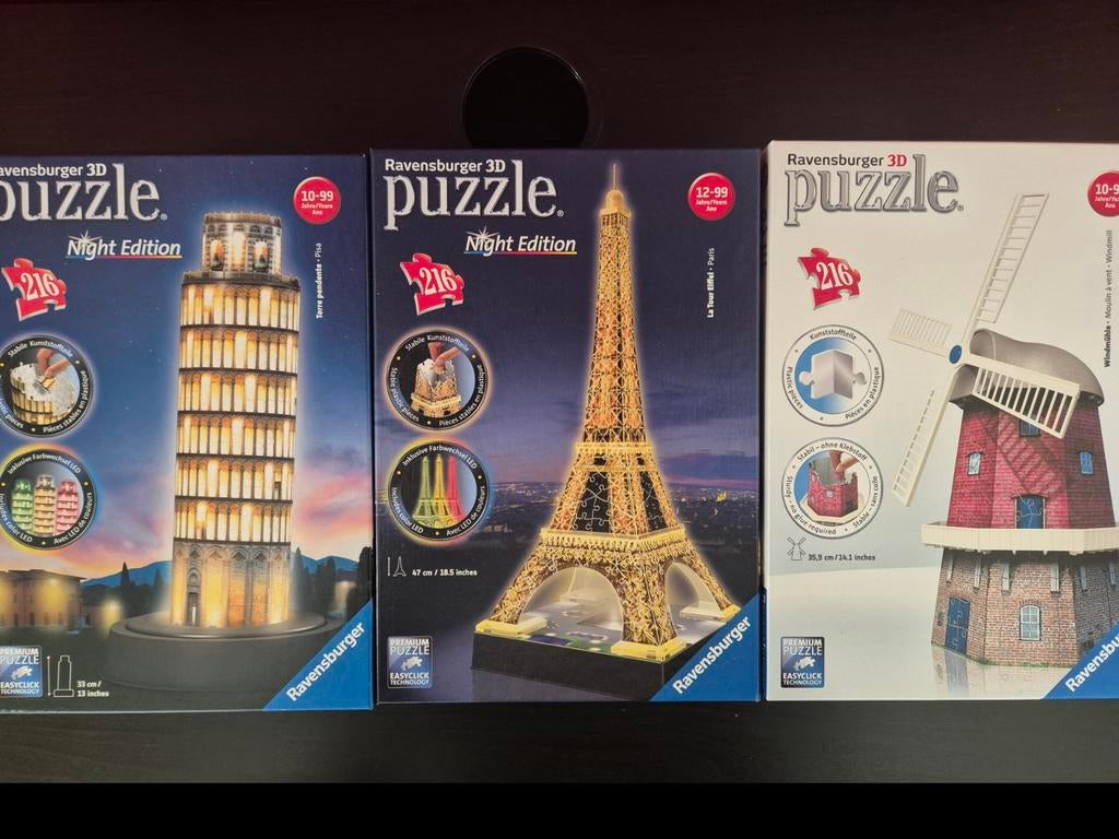 3D ravensburger puzzels (Eifeltoren, Pisa, Molen), Kinderen en Baby's, Ophalen of Verzenden, Meer dan 50 stukjes, 6 jaar of ouder