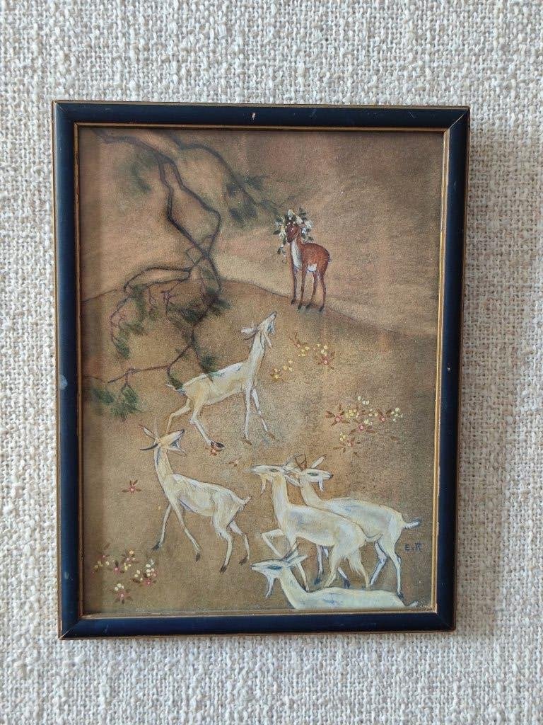 Vintage schilderijtje 'Het hert met de bloemenkrans' van EvR, Antiek en Kunst, Kunst | Schilderijen | Klassiek, Ophalen of Verzenden