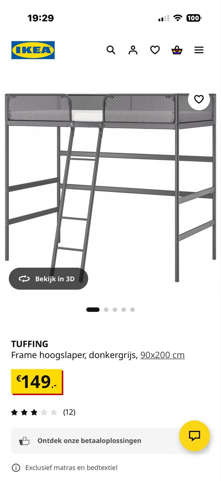 IKEA TUFFING Hoogslaper - Donkergrijs, 90x200 cm, Ophalen, Gebruikt, Eenpersoons, 160 tot 180 cm