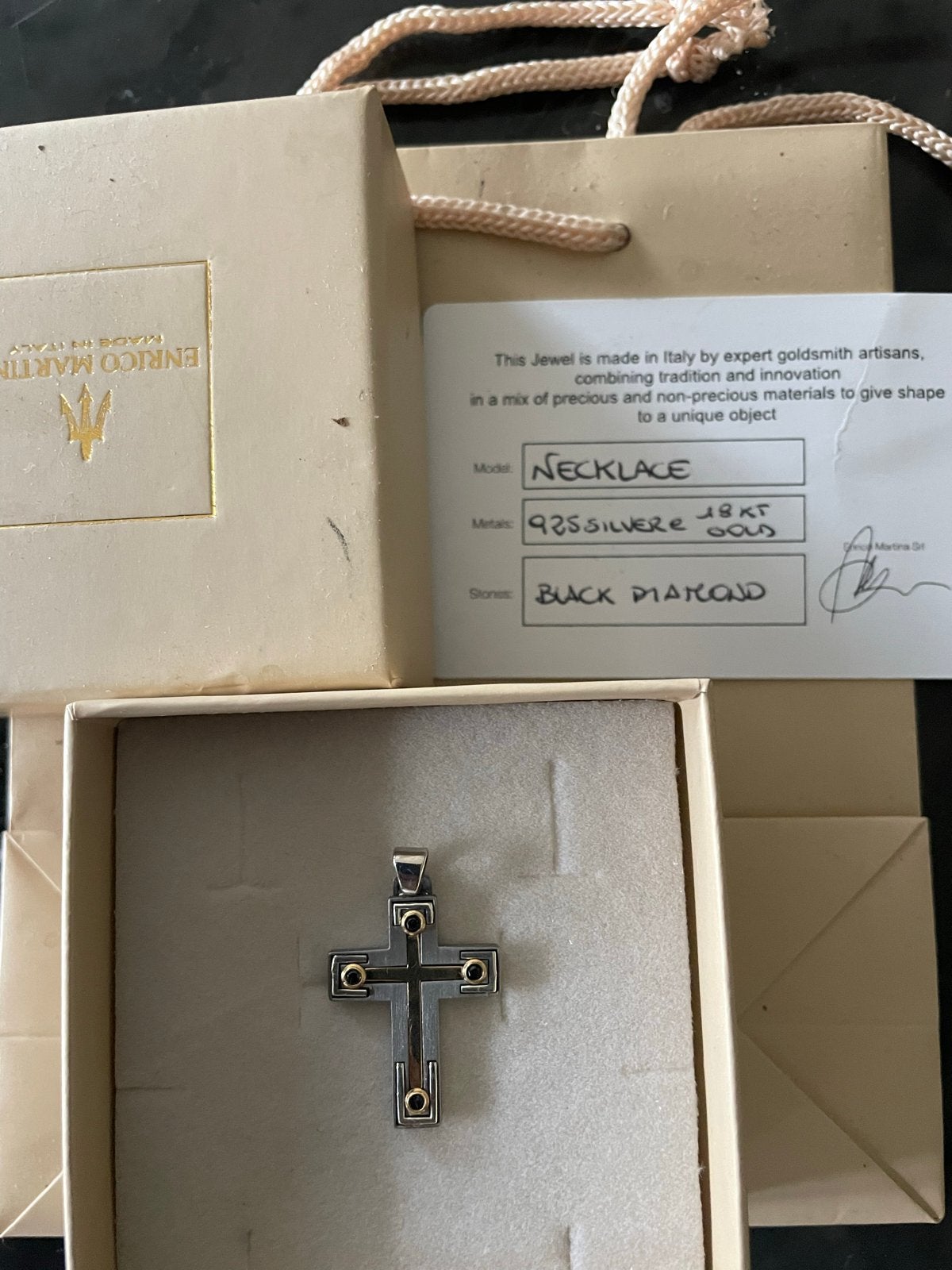 Zilveren Kruis met Zwarte Diamanten en 18k Gouden Inleg, Sieraden, Tassen en Uiterlijk, Ophalen, Nieuw, Zilver, Met edelsteen