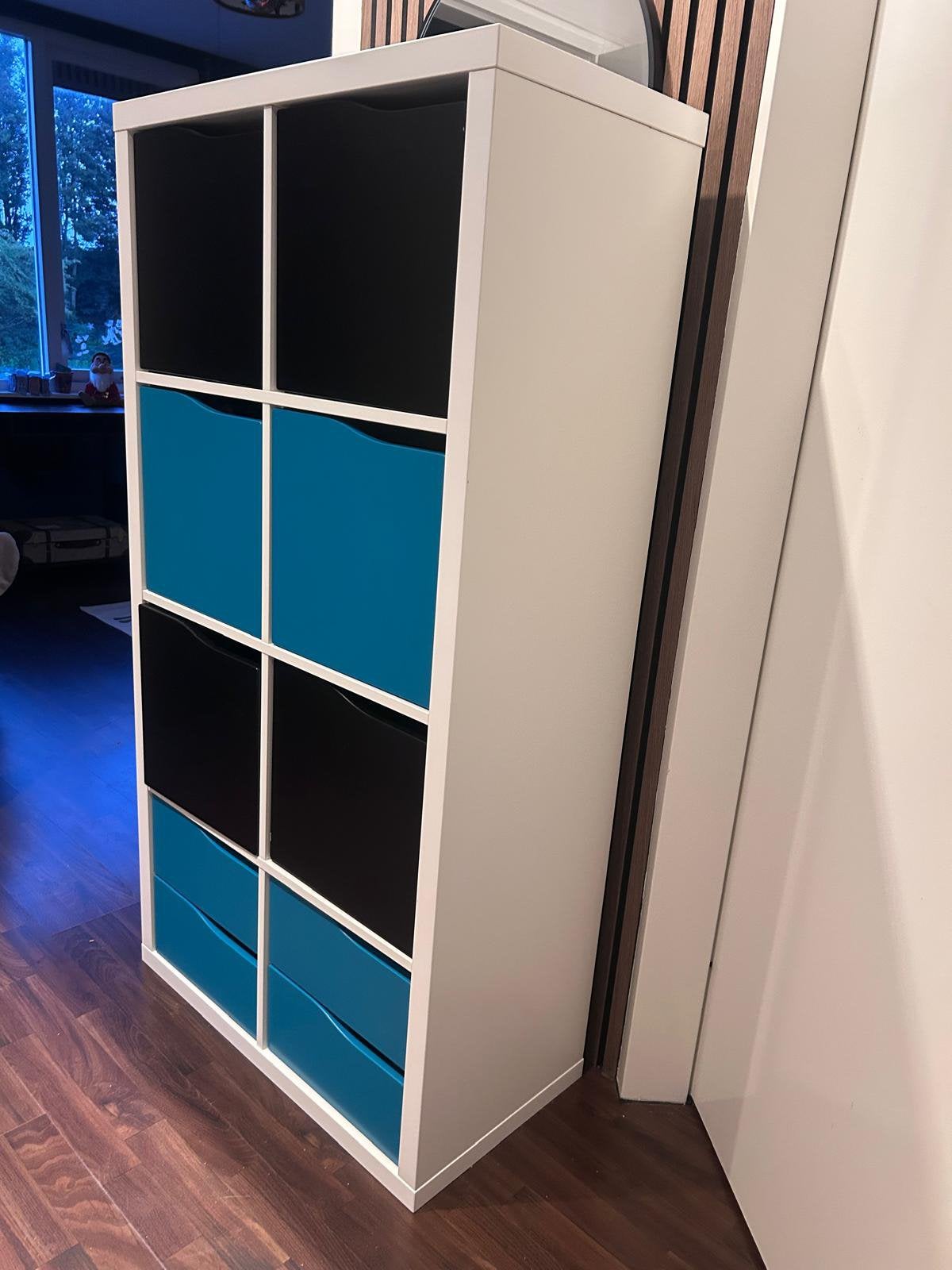 Ikea kallax vakkenkast inzetten deurtjes lades blauw zwart, Ophalen, Zo goed als nieuw, 25 tot 50 cm, Minder dan 100 cm